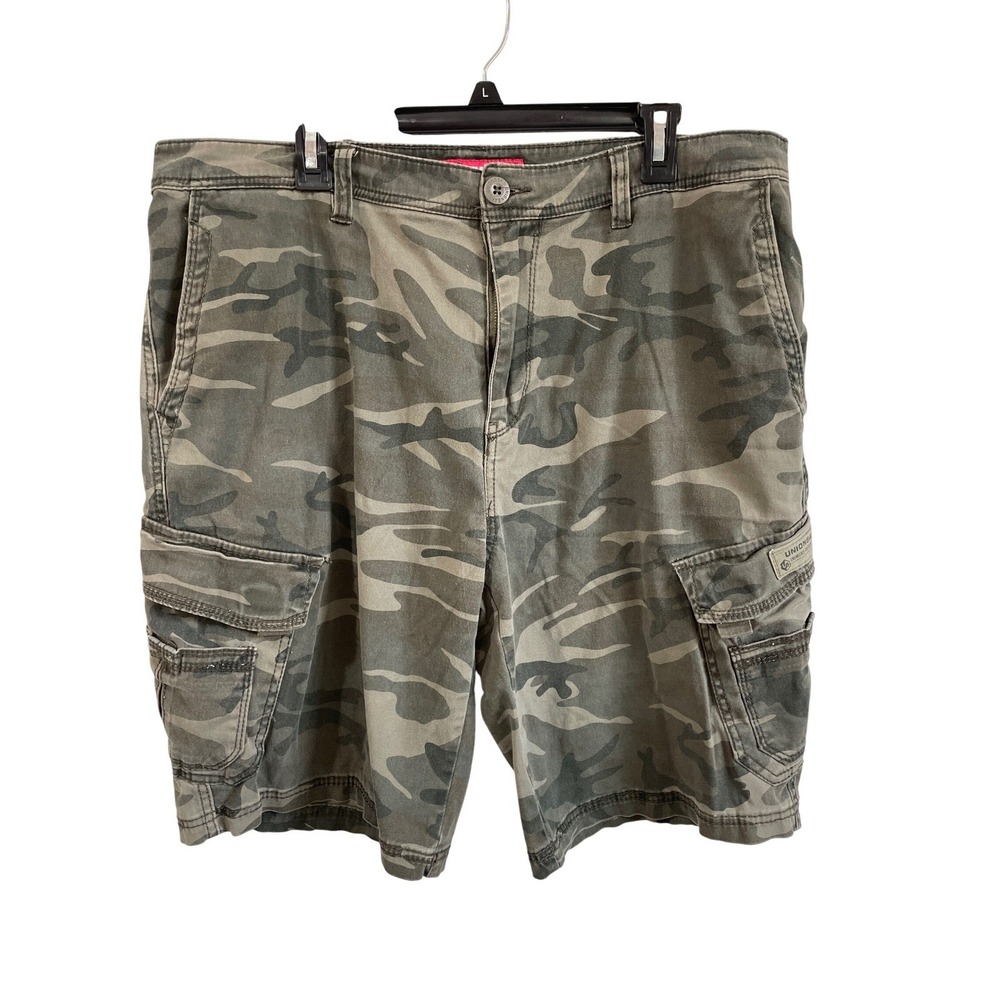 Vtg Unionbay Mens Camouflage Cargo Shorts Green Grey Camo Stretch Size 40 Y2K